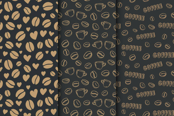 Coffee dark background with beans and hearts. Vector set of seamless pattern Coffee dark background with beans and hearts. Vector set of seamless pattern coffee background stock illustrations