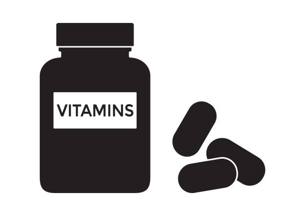 ilustraciones, imágenes clip art, dibujos animados e iconos de stock de botella de vitaminas con pastillas. suplemento complejo multivitamínico. silueta negra aislada sobre fondo blanco. vector - vitamin pill vitamin c nutritional supplement bottle