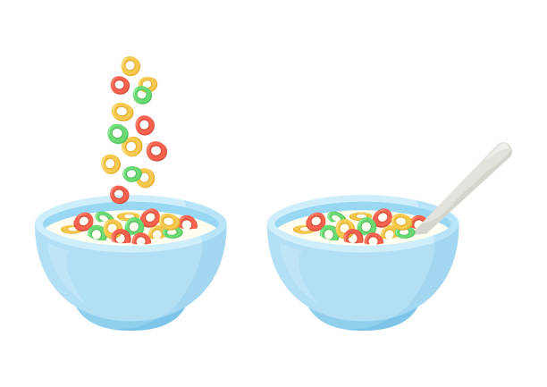 ilustrações de stock, clip art, desenhos animados e ícones de cereal breakfast, healthy food, colorful crisp rings in milk. ceramic bowl with falling sweet flakes and spoon. vector - flakes