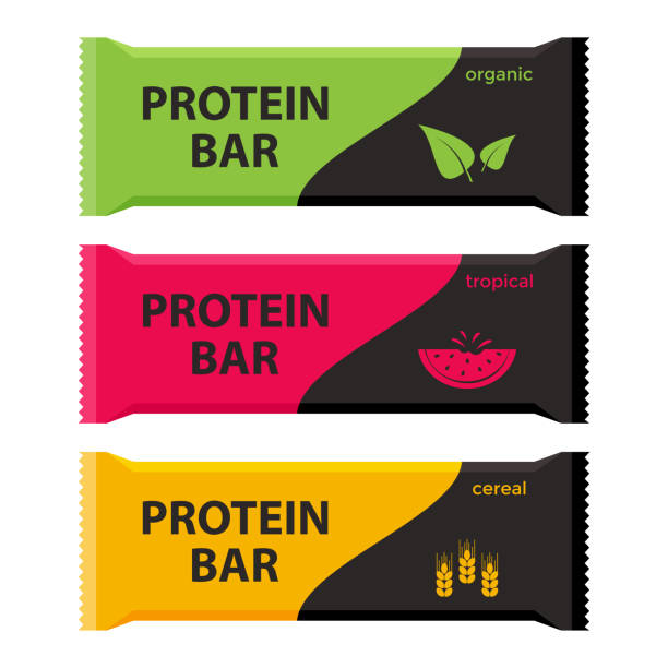 ilustrações de stock, clip art, desenhos animados e ícones de protein bars with different flavors. organic, tropical and cereal. sport and fitness supplements. vector - flakes