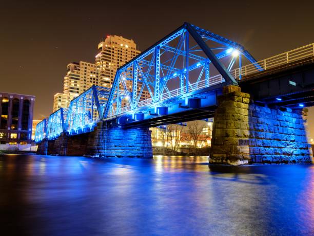 istock Blue Bridge,  Grand Rapids Michigan lit up at night. 1202369558