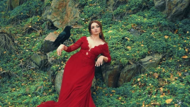 Forest nymph with raven on arm. Woman in red dress lies posing on green grass