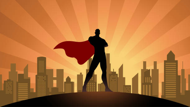 Vector Superhero Silhouette in The City Stock Illustration A silhouette style vector illustration of a superhero standing with city skyline in the background. Wide space available for your copy. superhero illustrations stock illustrations