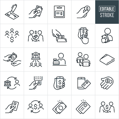 A set of payment methods icons that include editable strokes or outlines using the EPS vector file. The icons include a check, cash, gift card, coins, online payment, credit card reader, credit card, mobile payment, bank payment, money transfer and other related icons.