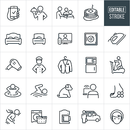 A set of hotel amenities icons that include editable strokes or outlines using the EPS vector file. The icons include a reservation on a mobile phone, a concierge, chef, bellhop, door attendant, waiter, breakfast, double bed, single bed, television, safe, iron, blowdryer, dry cleaning, microwave, refrigerator, elliptical machine, hot-tub, swimming pool, internet, spa services, message, laundry, coffee maker and shuttle bus to name a few.