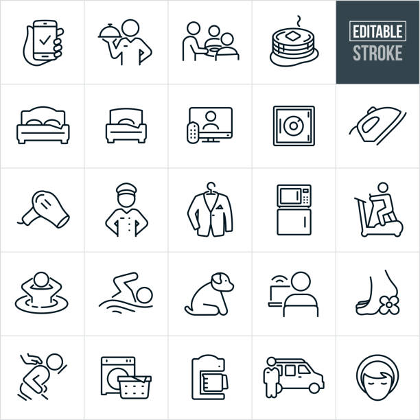 Hotel Amenities Thin Line Icons - Editable Stroke A set of hotel amenities icons that include editable strokes or outlines using the EPS vector file. The icons include a reservation on a mobile phone, a concierge, chef, bellhop, door attendant, waiter, breakfast, double bed, single bed, television, safe, iron, blowdryer, dry cleaning, microwave, refrigerator, elliptical machine, hot-tub, swimming pool, internet, spa services, message, laundry, coffee maker and shuttle bus to name a few. bellhop stock illustrations