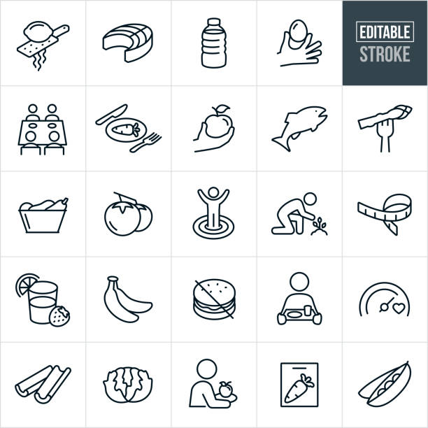 ilustrações de stock, clip art, desenhos animados e ícones de healthy eating thin line icons - ediatable stroke - dieting healthy eating healthy lifestyle tape measure