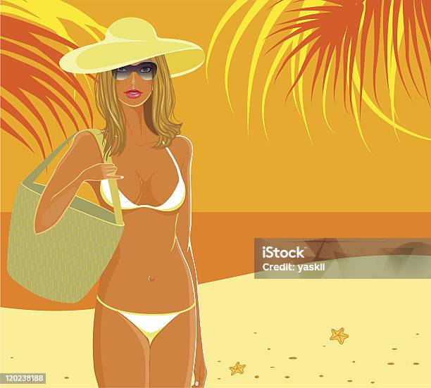 Lady Am Strandszene Stock Vektor Art und mehr Bilder von Sonnenbräune - Sonnenbräune, Strand, Badebekleidung
