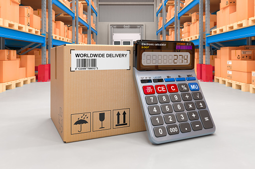 Parcel with calculator in warehouse, 3D rendering