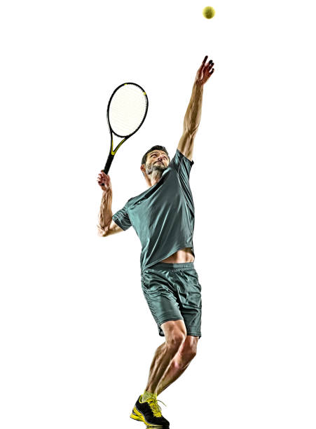 uomo tennista maturo al servizio di sfondo bianco isolato - tennis men indoors serving foto e immagini stock