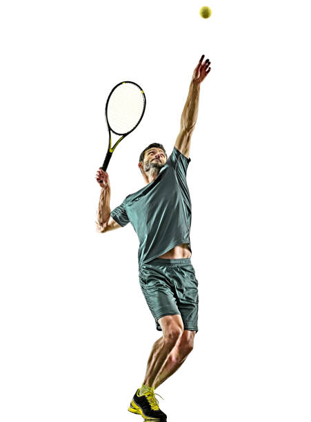 mature tennis player man serving service isolated white background