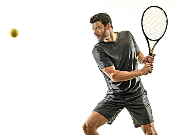 tenista maduro cintura para cima perfil lado vista fundo branco isolado - tennis men indoors playing - fotografias e filmes do acervo