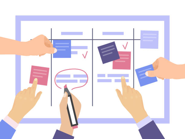 Task board concept with hands vector illustration. Work team planning weekly schedule project on task. Scheme whiteboard, schedule strategy process Task board concept with hands vector illustration. Work team planning weekly schedule project on task. Scheme whiteboard, schedule strategy process. Teamwork and collaboration, canban or scrum board backlog stock illustrations