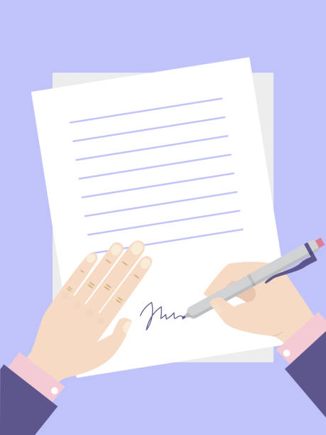 istock Man hands signs contract vector illustration. Businessman puts his signature on agreement. Contracts sign vector illustration 1202391896