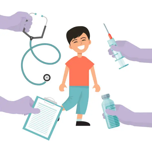 Vector illustration of Children vaccination concept. Medical immunization with vaccine for child vector illustration. Happy healthy boy vaccinated by injection