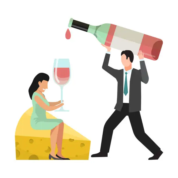 Vector illustration of People wine tasting concept. Huge bottle, wineglass, cheese and