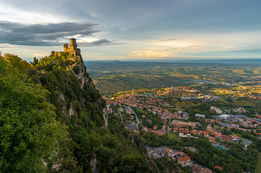 La Rocca or Guaita tower at sunset with countryside landscape view. San Marino
