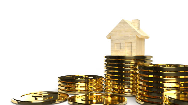 istock The  home wooden gold coins group 3d rendering on white background  for property content. 1202394319