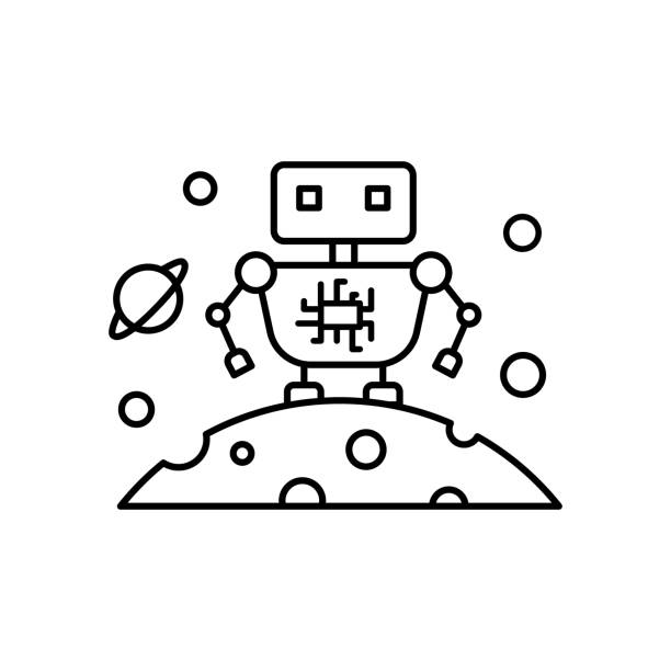 ilustraciones, imágenes clip art, dibujos animados e iconos de stock de icono de satélite robot de ciencia ficción. línea simple, esboza elementos vectoriales de iconos de colonización interplanetarios para ui y ux, sitio web o aplicación móvil - interplanetary