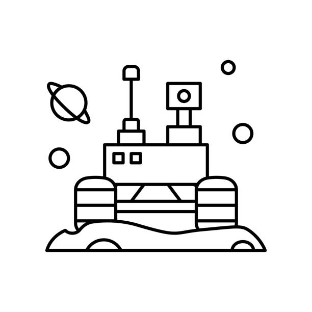 ilustraciones, imágenes clip art, dibujos animados e iconos de stock de icono del vehículo de la colonia espacial. línea simple, esboza elementos vectoriales de iconos de colonización interplanetarios para ui y ux, sitio web o aplicación móvil - interplanetary