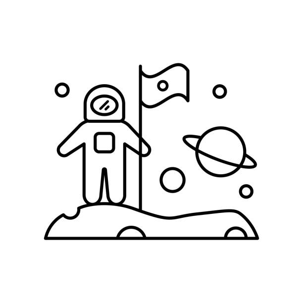 ilustrações, clipart, desenhos animados e ícones de astronauta coloca uma bandeira no ícone do novo planeta. linha simples, delineie elementos vetoriais de ícones de colonização interplanetária para ui e ux, site ou aplicativo móvel - interplanetary