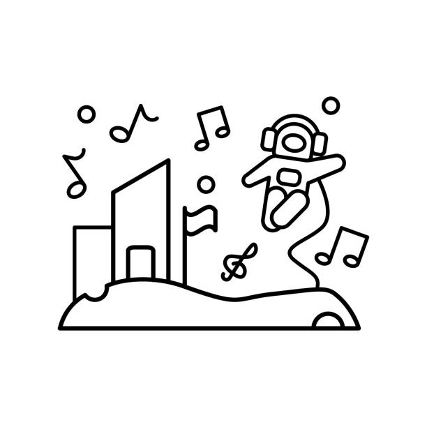 ilustraciones, imágenes clip art, dibujos animados e iconos de stock de icono de música cosmonauta de entretenimiento espacial. línea simple, esboza elementos vectoriales de iconos de colonización interplanetarios para ui y ux, sitio web o aplicación móvil - interplanetary