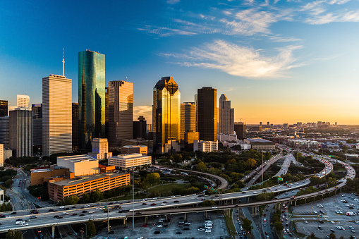 Houston Downtown Aerial en Sunset, Angled View with Highway photo