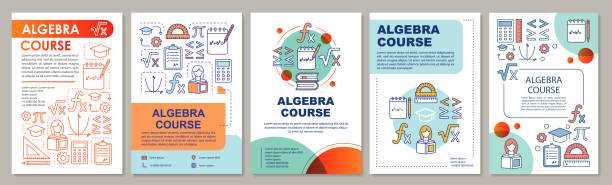 алгебра курс, математические уроки брошюры шаблон макет. флаер, буклет, дизайн листовок с линейными иллюстрациями. макеты страниц vector для ж� - афиша иллюстрации stock illustrations