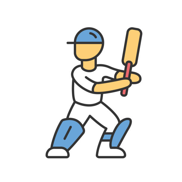 cricket-spieler-farbsymbol. batsman bereit, abseits des spielfeldes zu kämpfen. cricketer in weißer uniform, beinpolster mit fledermaus. sportwettbewerb, turnier. teamspiel. sportler auf dem spielplatz. isolierte vektor-illustration - color image batting illustration technique adult stock-grafiken, -clipart, -cartoons und -symbole