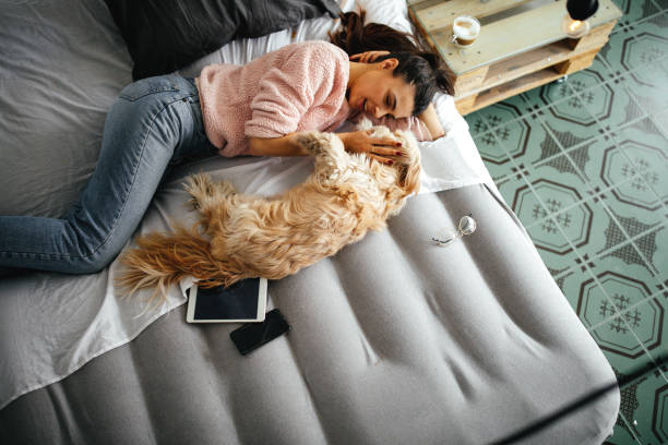 istock Young women playing with dogs in her room 1202410094