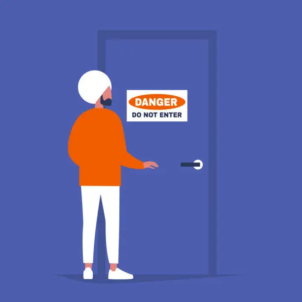Vector illustration of Young indian male character standing in front of the door with a Danger Do not enter sign