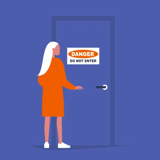 Vector illustration of Young female character standing in front of the door with a Danger Do not enter sign