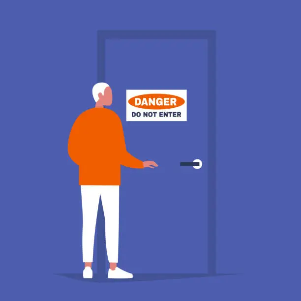 Vector illustration of Young male character standing in front of the door with a Danger Do not enter sign