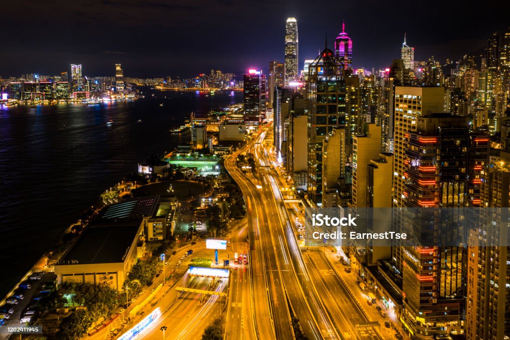 Aerial view of city at night with Light Track Aerial View Stock Photo