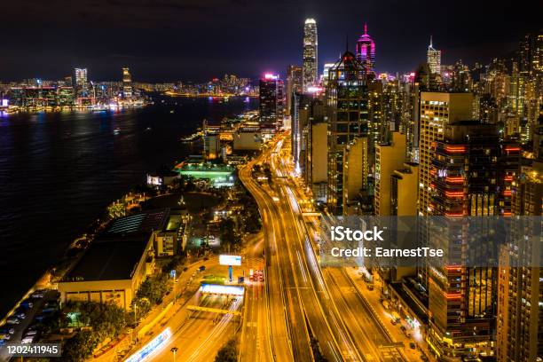 Aerial View Of City At Night With Light Track Stock Photo - Download Image Now - Aerial View, Angle, Architecture