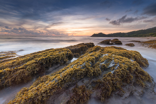 wide shot beautiful landscape sunset tropical beach sea in south thailand Asia