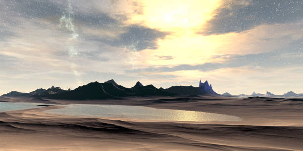 istock Alien Planet. Mountain and lake. 3D rendering 1202412934