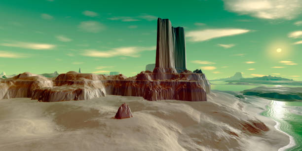 istock Alien Planet. Mountain and lake. 3D rendering 1202413234