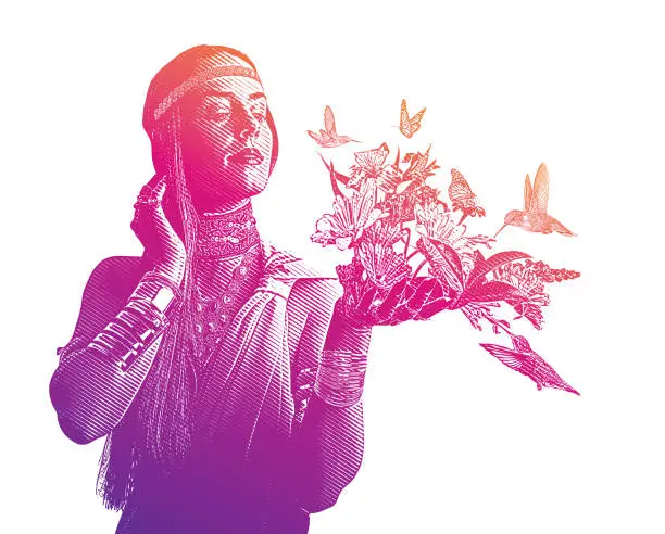 Vector illustration of Multiple exposure of woman, hummingbirds and flowers