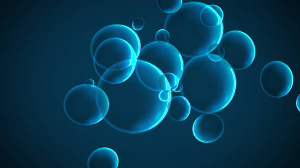 Bubble foam particle floating in air deep blue sea background. Nature and abstract science for decoration template wallpaper element. Aqua and ocean liquid water theme. 3D illustration rendering