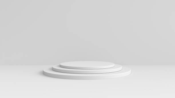 White product stand on white background. Abstract minimal geometry concept. Studio podium platform theme. Exhibition and business marketing presentation stage. 3D illustration rendering graphic design