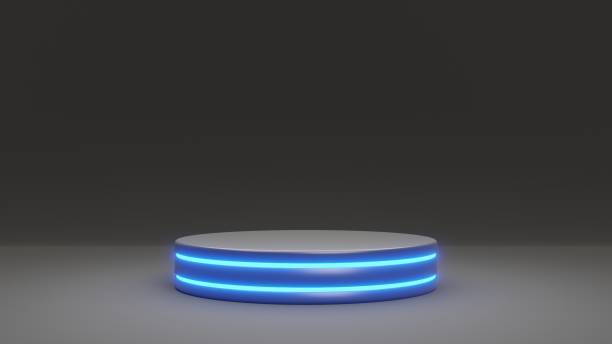 istock 3D rendering product stand pedestral podium platform stage in studio. Modern black and blue shade emission. Abstract minimal product showcase presentation template exhibition advertising event scene 1202418016
