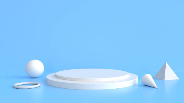 istock White product stand on blue background. Abstract minimal geometry concept. Studio podium platform theme. Exhibition and business marketing presentation stage. 3D illustration rendering graphic design 1202418151