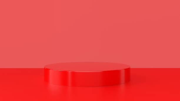 istock Red product stand on red background. Abstract minimal geometry concept. Studio podium platform theme. Exhibition and business marketing presentation stage. 3D illustration rendering graphic design 1202418160