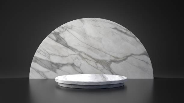 istock White marble product half moon circle stand on black background. Abstract minimal geometry concept. Studio podium platform. Exhibition and business presentation stage. 3D illustration render graphic 1202418177