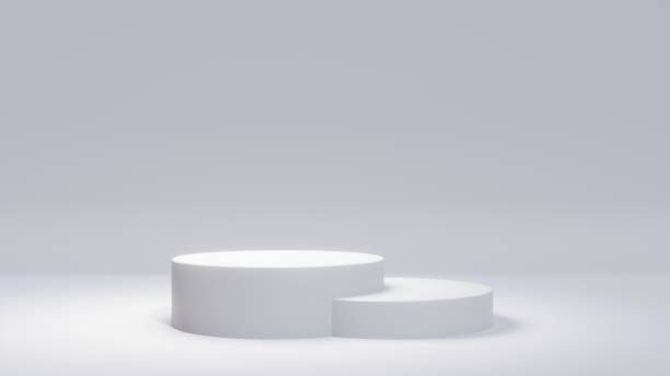 White product stand on white background. Abstract minimal geometry concept. Studio podium platform theme. Exhibition and business marketing presentation stage. 3D illustration rendering graphic design