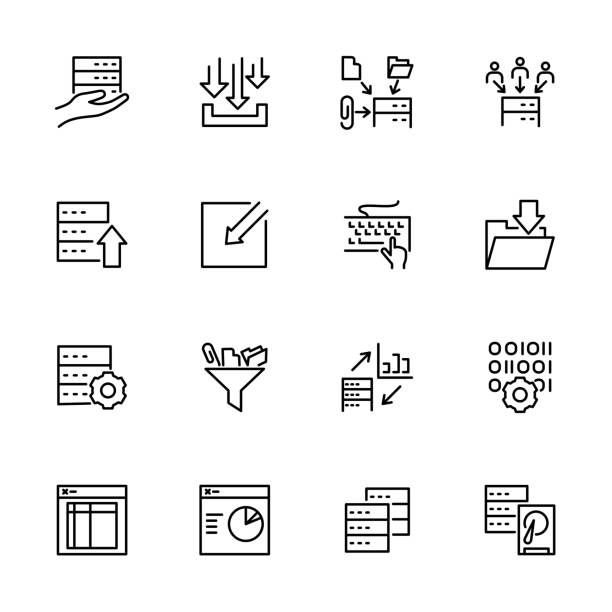 ilustrações de stock, clip art, desenhos animados e ícones de set of data processing activity line icon collection - retrieving