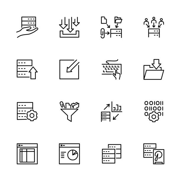 Set of data processing activity line icon collection Set of data processing activity line icon collection. Editable stroke vector. Isolated at white. retrieving stock illustrations