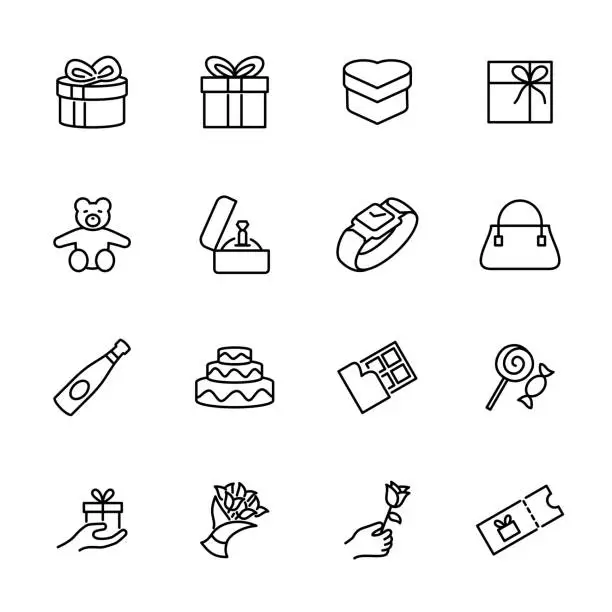 Vector illustration of Set of gift symbol, gift box, gift goods and giving a gift activity with line icon style