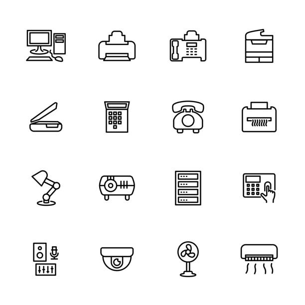 Line icon set related to office electronic, office appliance and office machine Line icon set related to office electronic, office appliance and office machine. Editable stroke vector, isolated at white background computer printer office printout digital display stock illustrations